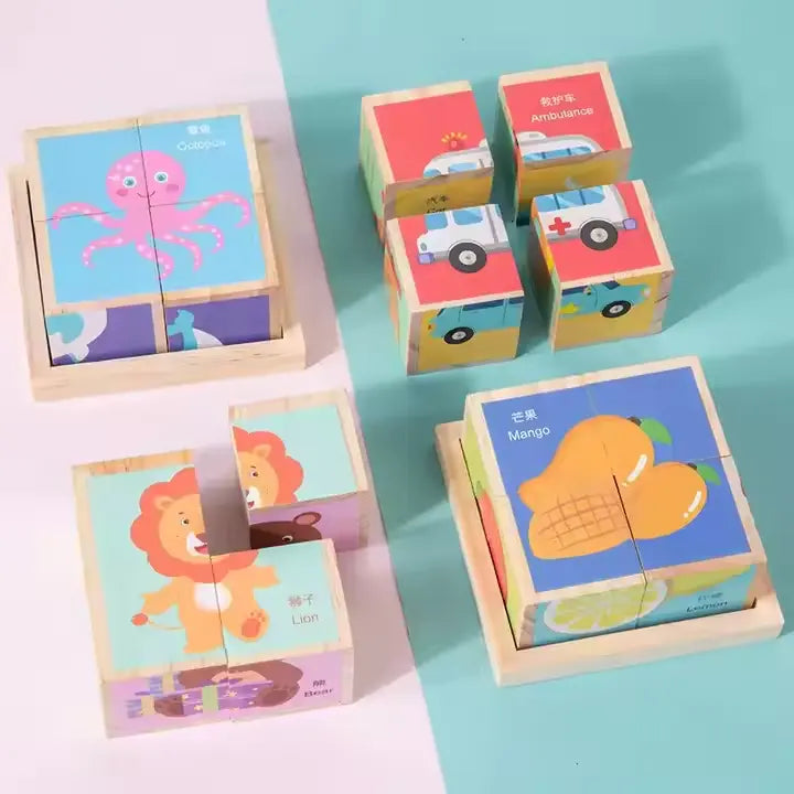 4-Piece Wooden Cube Puzzle: 6-Sided Fun