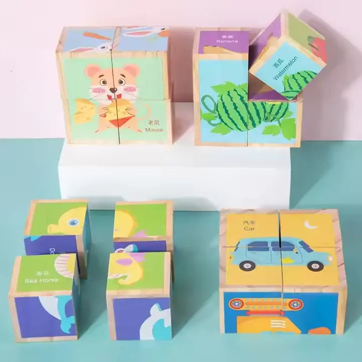 4-Piece Wooden Cube Puzzle: 6-Sided Fun