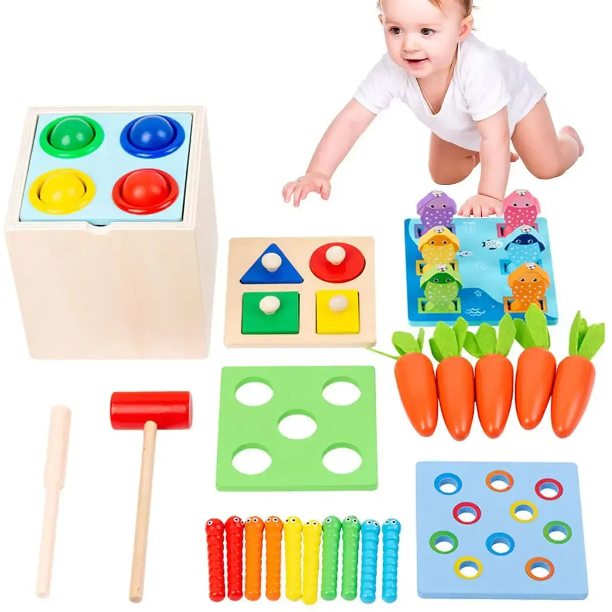 Multi-Sensory Montessori Learning Box for Kids: Carrot harvest, shape sorter, catch fish, hammer ball, catch worm