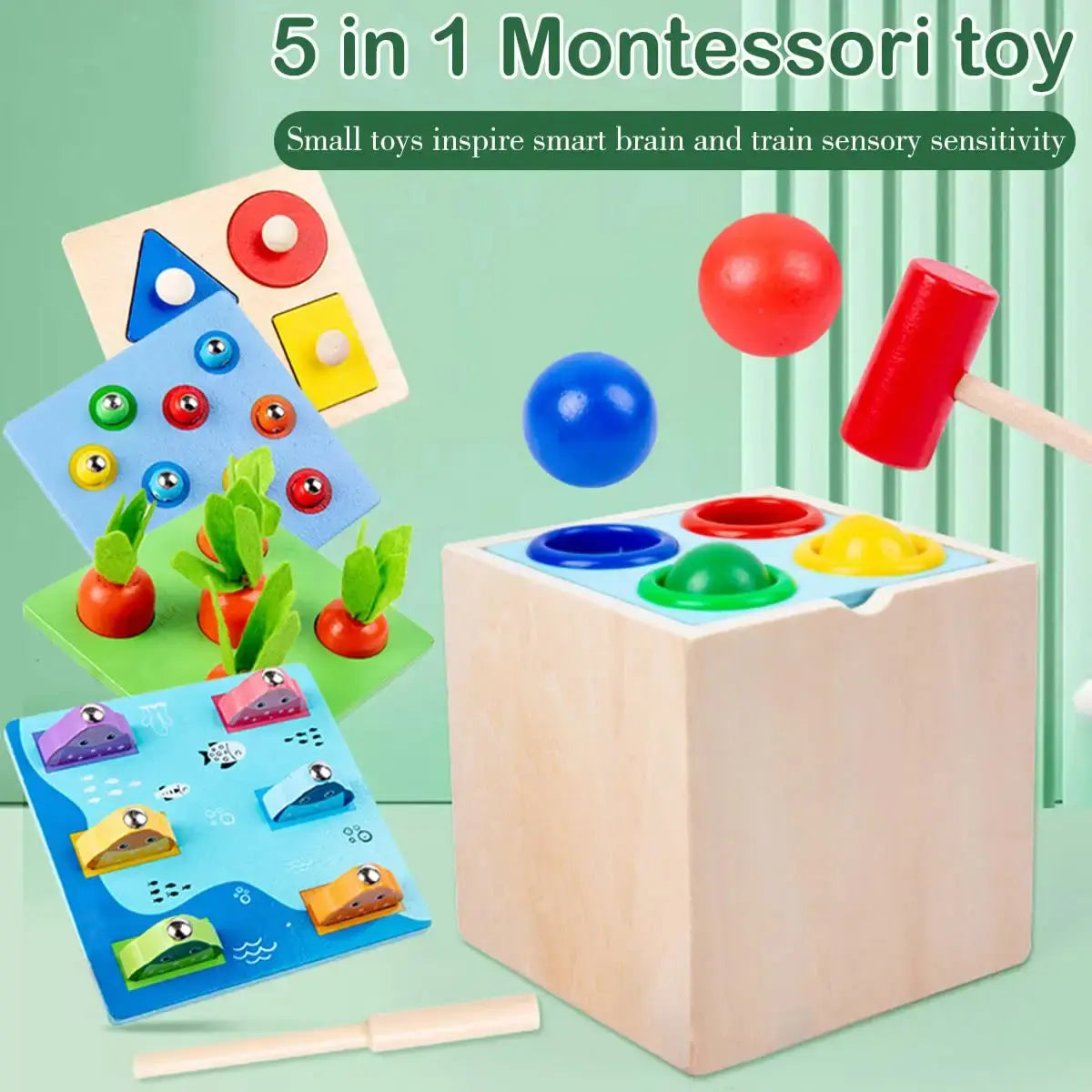 Multi-Sensory Montessori Learning Box for Kids: Carrot harvest, shape sorter, catch fish, hammer ball, catch worm