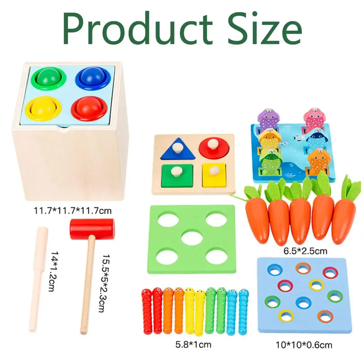 Multi-Sensory Montessori Learning Box for Kids: Carrot harvest, shape sorter, catch fish, hammer ball, catch worm