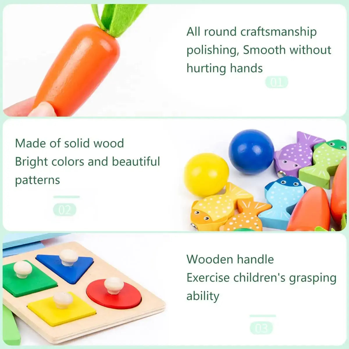 Multi-Sensory Montessori Learning Box for Kids: Carrot harvest, shape sorter, catch fish, hammer ball, catch worm