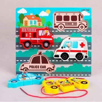 Chunky Wooden Board puzzle with lacing- transportation fun!