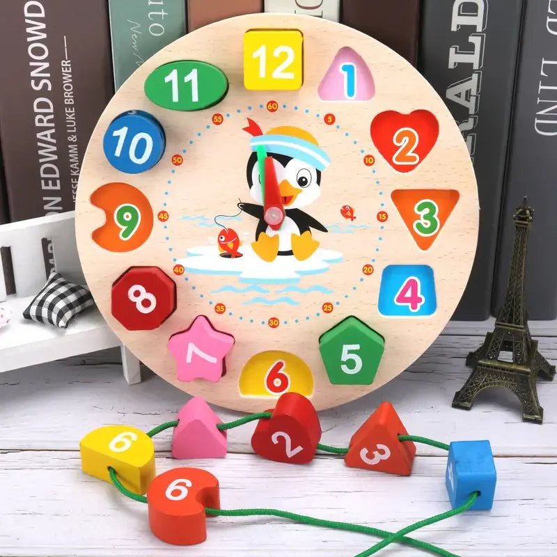 Wooden clock with multiple activity- learn shapes, numbers, colors, timing and lacing