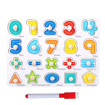 Educational wooden peg board with base image β number theme with whiteboard and marker