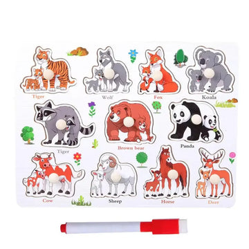 Educational wooden peg board with base image β wild animals theme with whiteboard and marker