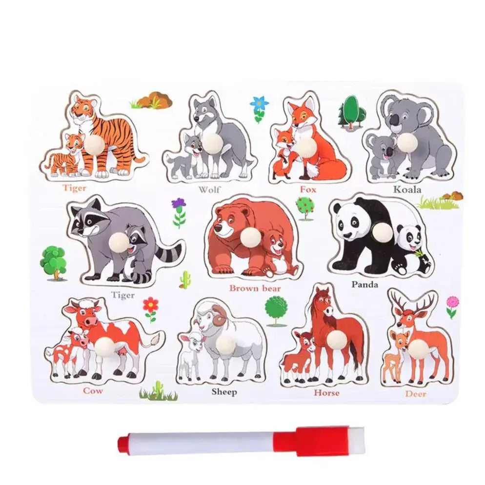 Educational wooden peg board with base image β wild animals theme with whiteboard and marker
