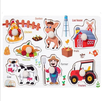 Educational wooden peg board with base image β farm theme small