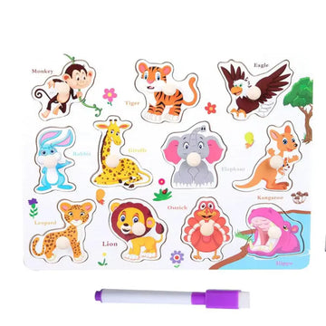 Educational wooden peg board with base image β wild animals theme with whiteboard and marker