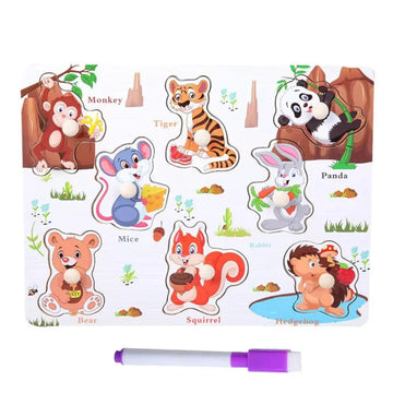 Educational wooden peg board with base image β wild animals theme with whiteboard and marker