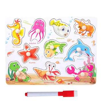 Educational wooden peg board with base image β marine theme with whiteboard and marker