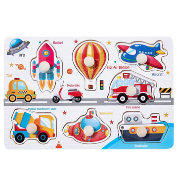 Educational wooden peg board with base image β transport theme small