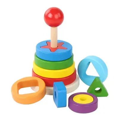 Classic Montessori Geometric Shape Stacker – Colorful Wooden Rainbow Stacker Tower for Kids