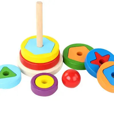 Classic Montessori Geometric Shape Stacker – Colorful Wooden Rainbow Stacker Tower for Kids