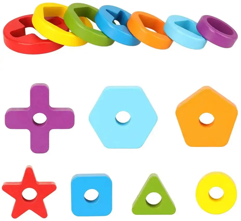 Classic Montessori Geometric Shape Stacker – Colorful Wooden Rainbow Stacker Tower for Kids