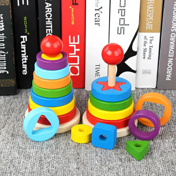Classic Montessori Geometric Shape Stacker – Colorful Wooden Rainbow Stacker Tower for Kids