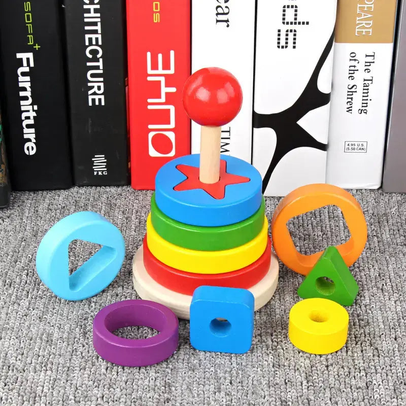 Classic Montessori Geometric Shape Stacker – Colorful Wooden Rainbow Stacker Tower for Kids