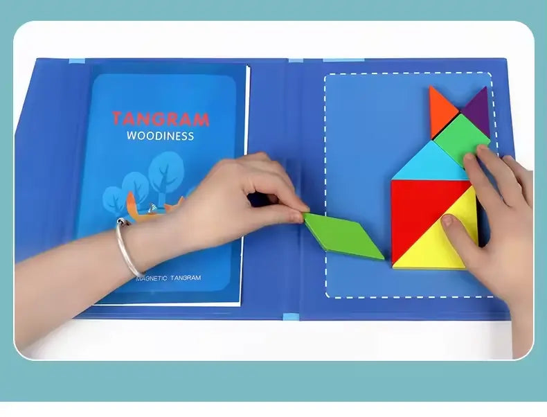 Montessori Wooden Magnetic Tangram Puzzle – 3D Creative Shape Building Blocks Educational Game for Kids