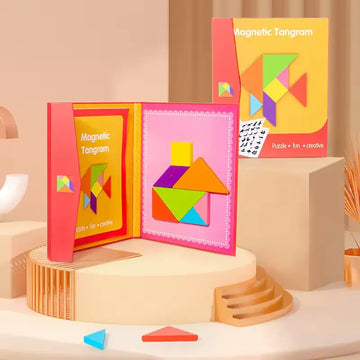 Montessori Wooden Magnetic Tangram Puzzle – 3D Creative Shape Building Blocks Educational Game for Kids
