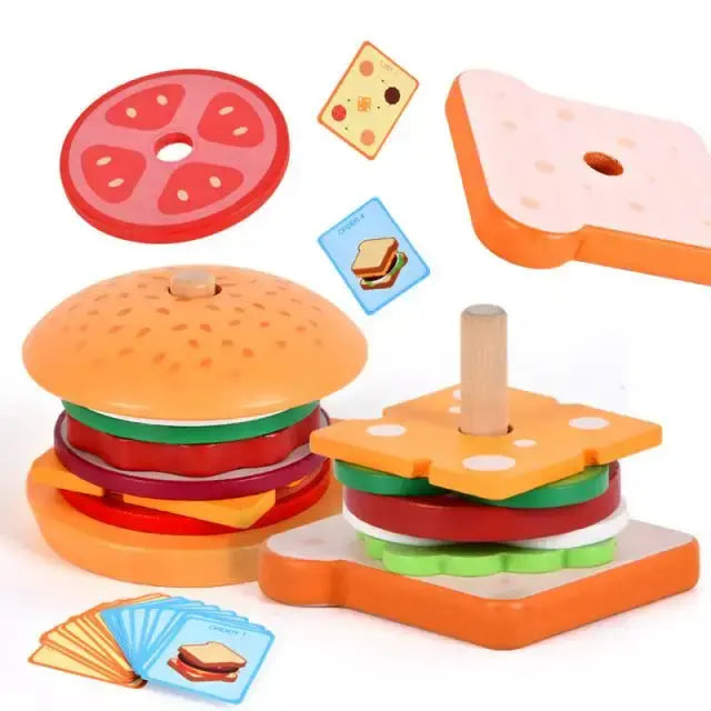 Montessori hamburger stacking toy with cards