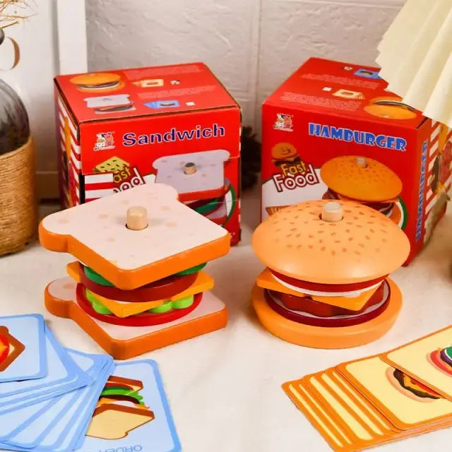 Montessori hamburger stacking toy with cards