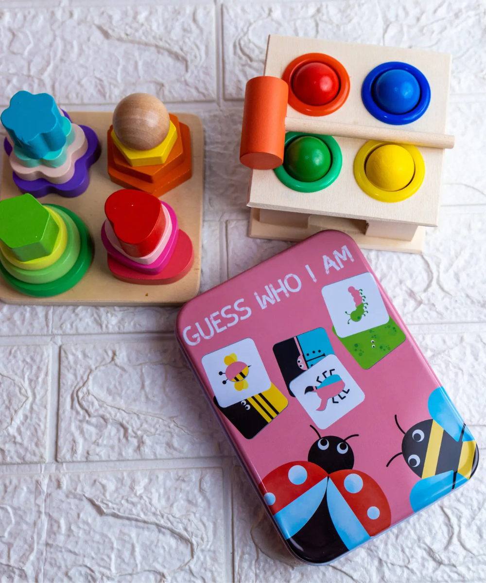Curious mind toddler pack combo 3- Hammer ball, Shape four column tower and Guess who I am