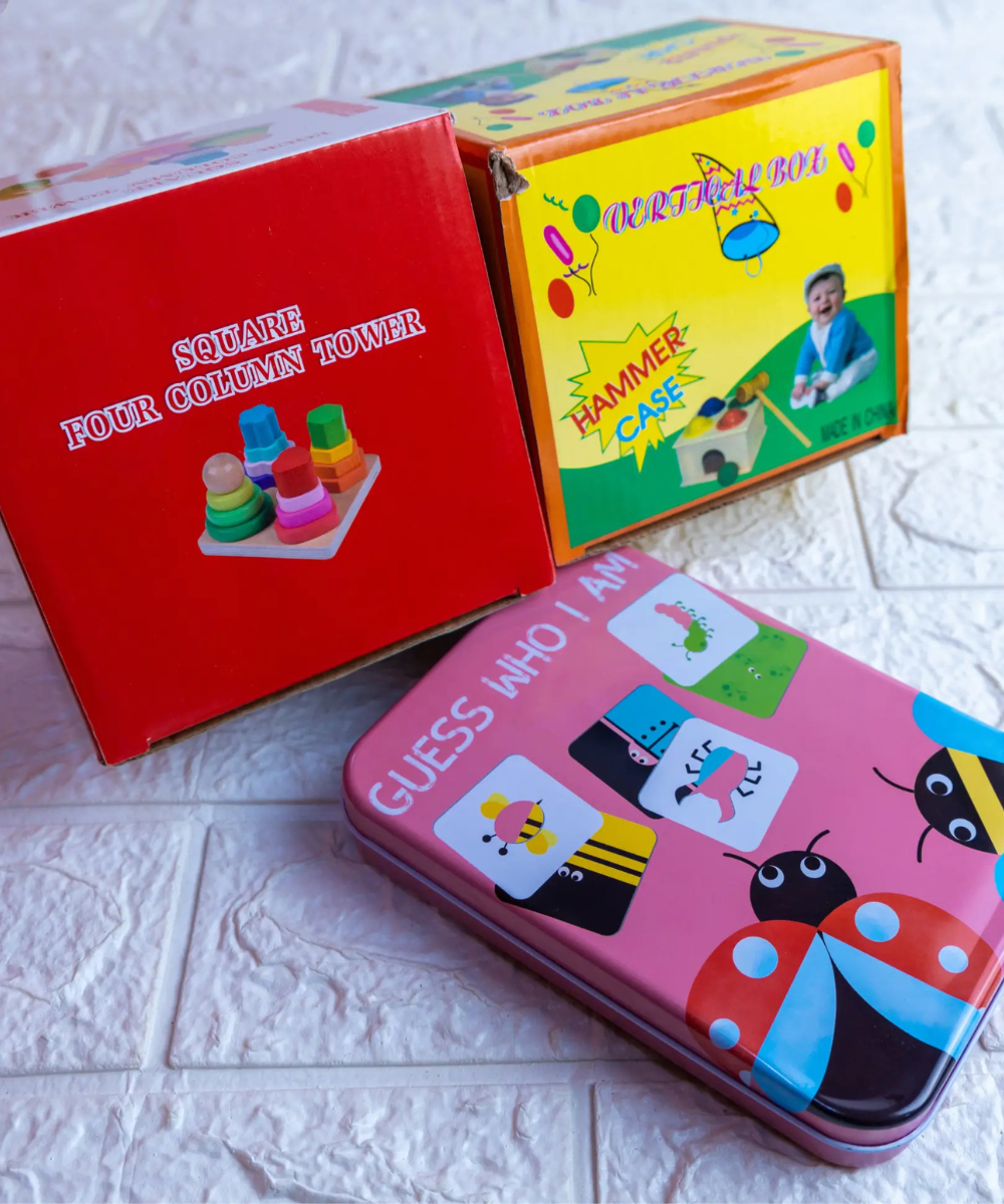 Curious mind toddler pack combo 3- Hammer ball, Shape four column tower and Guess who I am