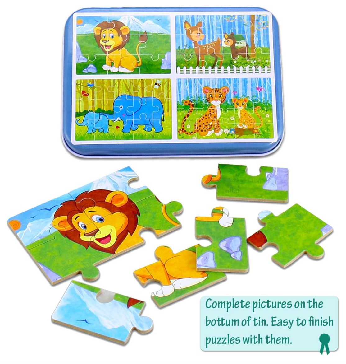 4 Puzzles in one Tin Box Puzzle Set 🧩🐰🦁🐳