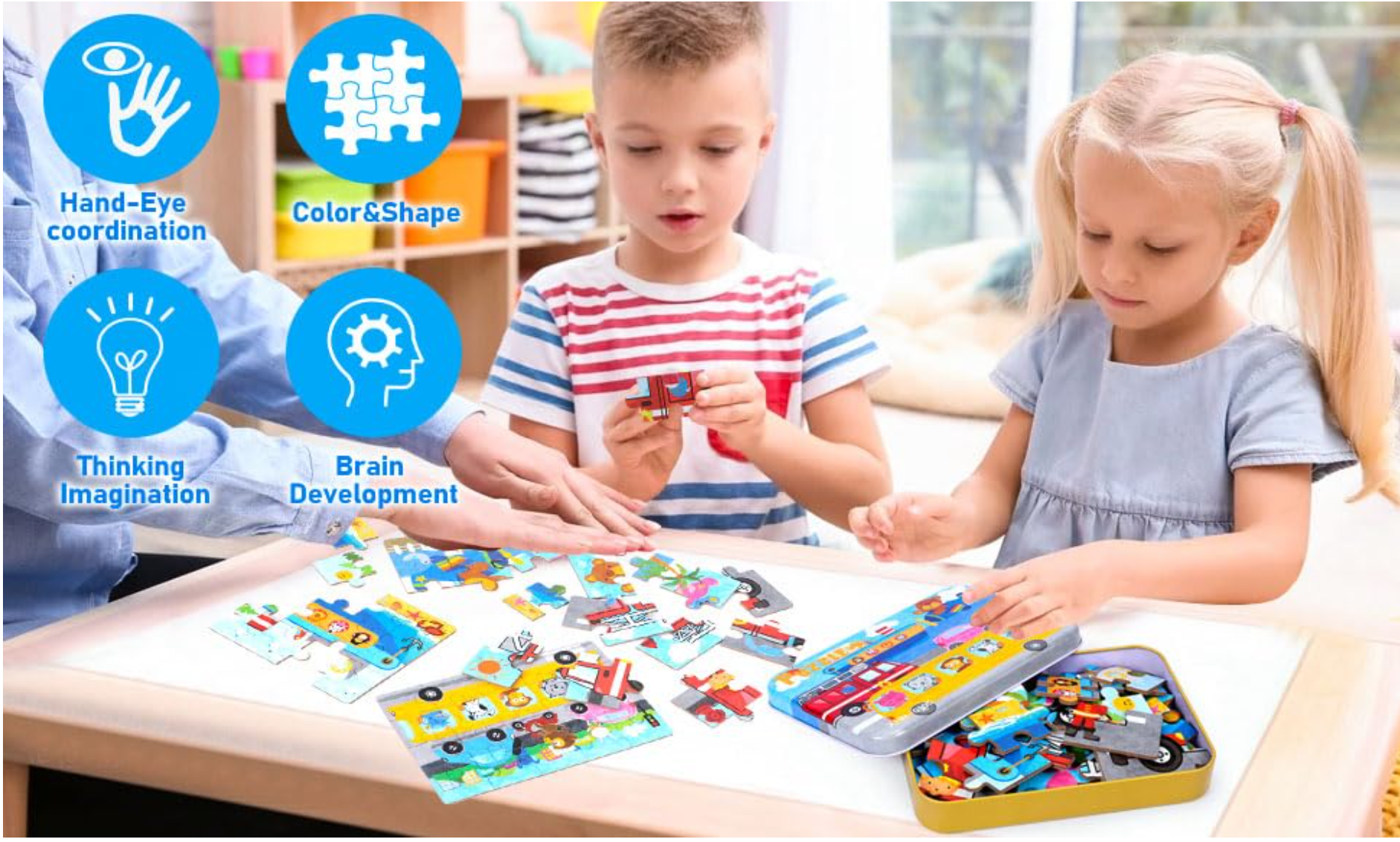 4 Puzzles in one Tin Box Puzzle Set 🧩🐰🦁🐳