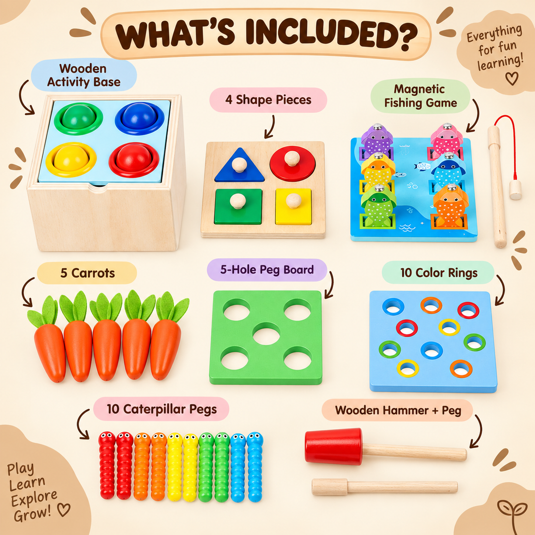 Multi-Sensory Montessori Learning Box for Kids: Carrot harvest, shape sorter, catch fish, hammer ball, catch worm