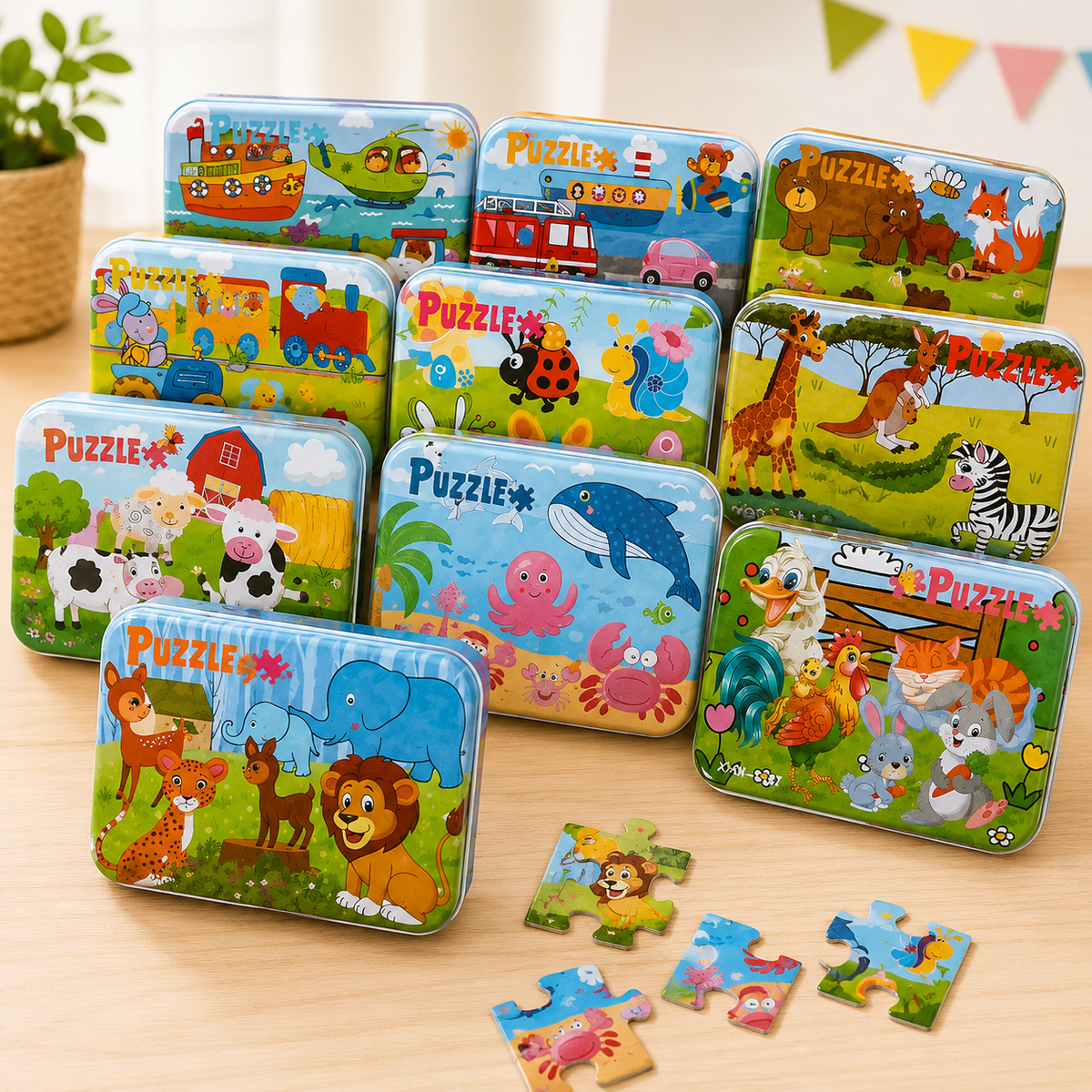 4 Puzzles in one Tin Box Puzzle Set 🧩🐰🦁🐳