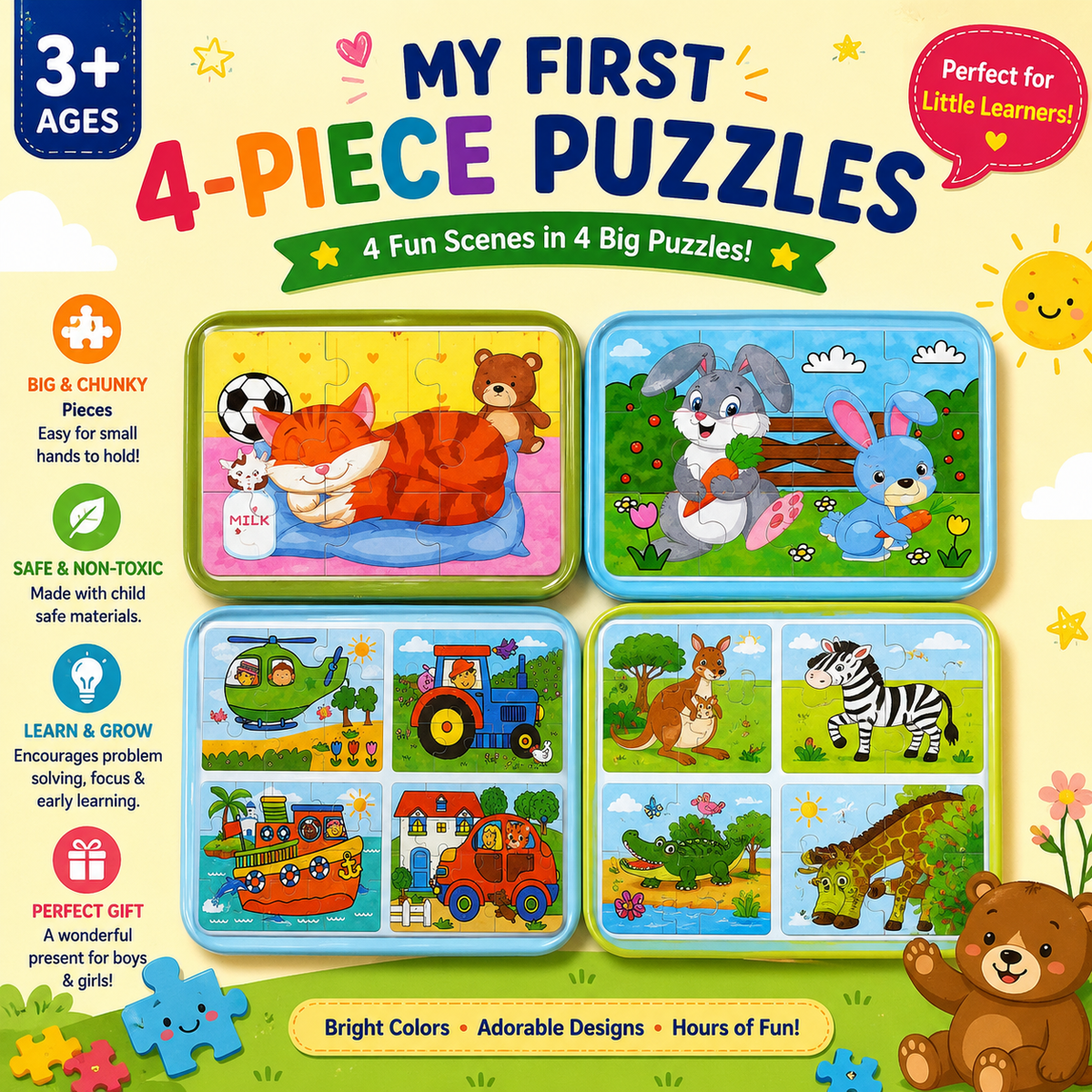 4 Puzzles in one Tin Box Puzzle Set 🧩🐰🦁🐳