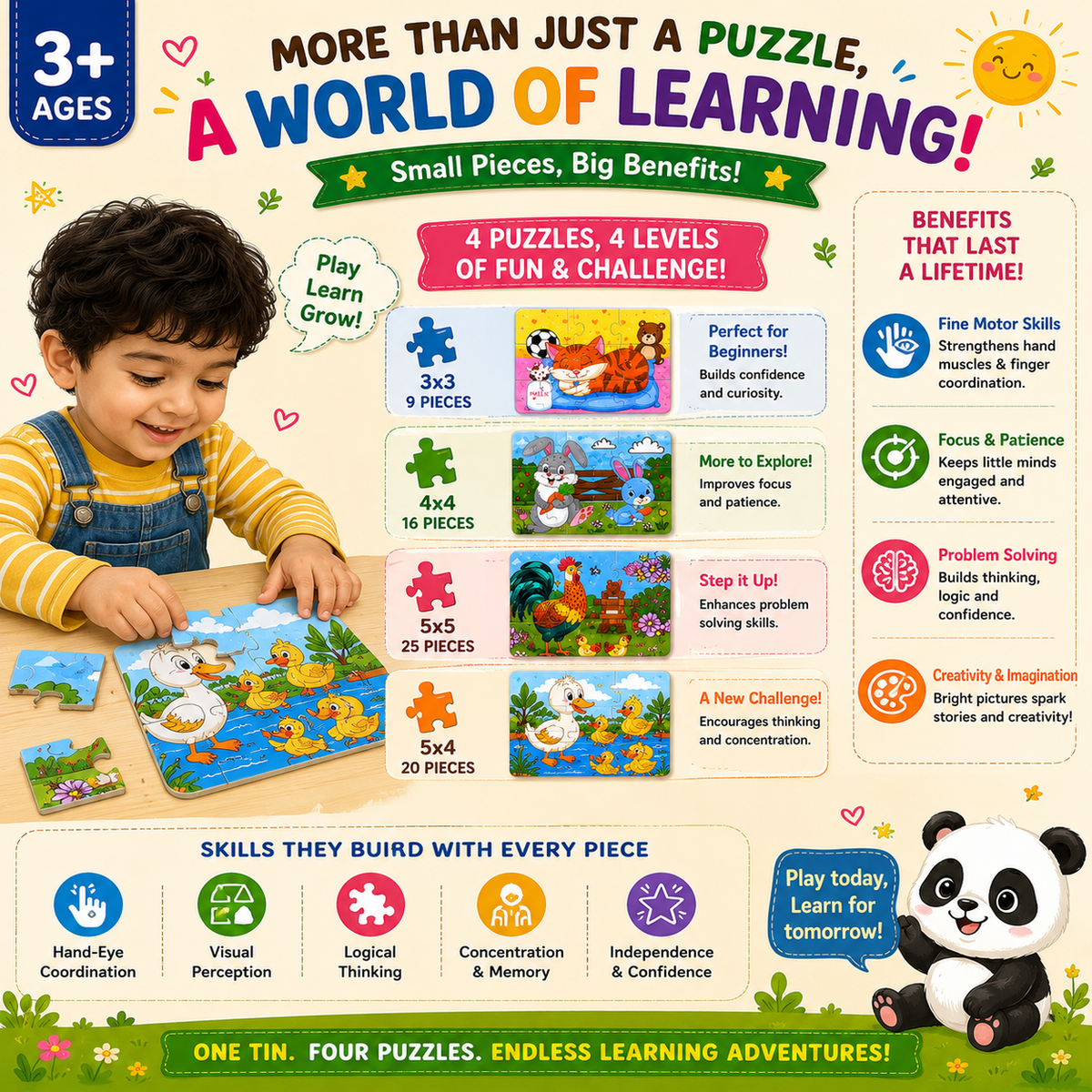 4 Puzzles in one Tin Box Puzzle Set 🧩🐰🦁🐳