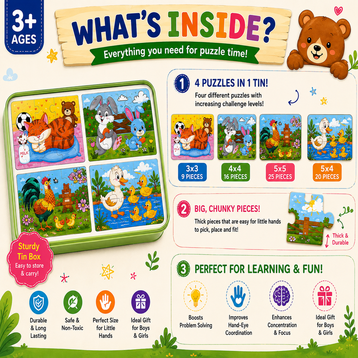 4 Puzzles in one Tin Box Puzzle Set 🧩🐰🦁🐳