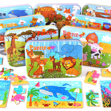 4 Puzzles in one Tin Box Puzzle Set 🧩🐰🦁🐳