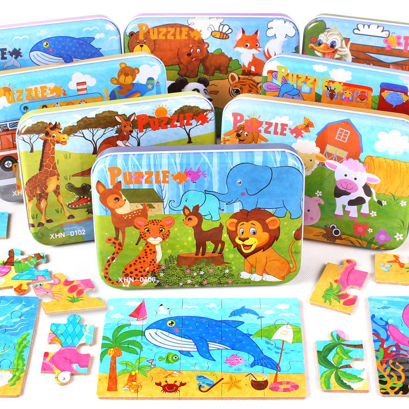 4 Puzzles in one Tin Box Puzzle Set 🧩🐰🦁🐳