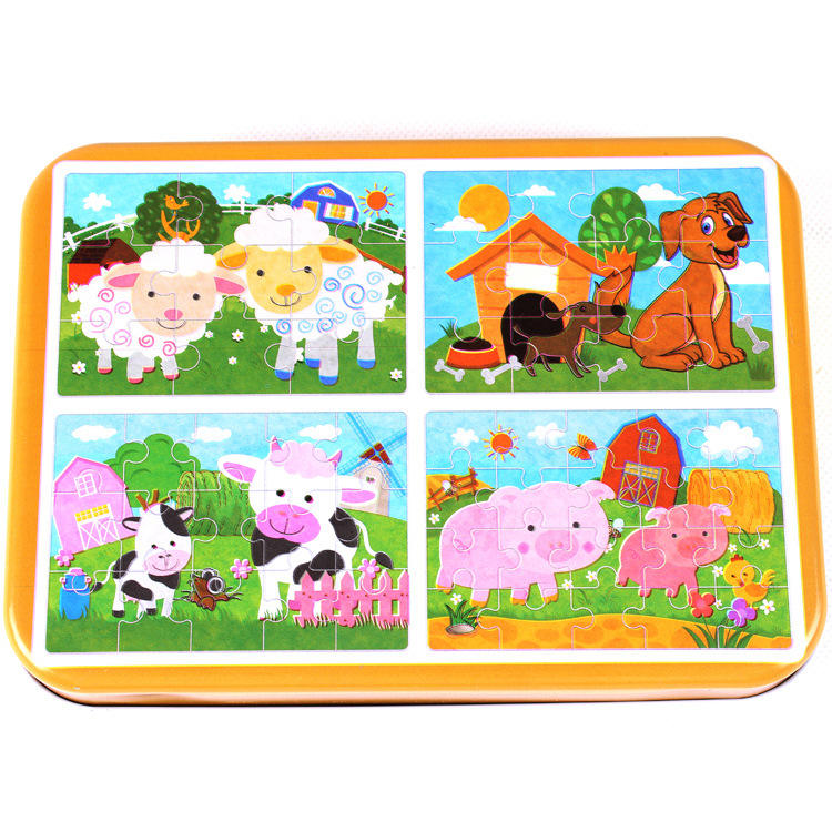4 Puzzles in one Tin Box Puzzle Set 🧩🐰🦁🐳