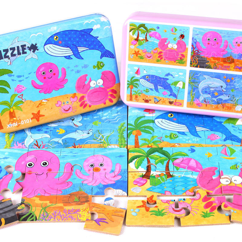 4 Puzzles in one Tin Box Puzzle Set 🧩🐰🦁🐳