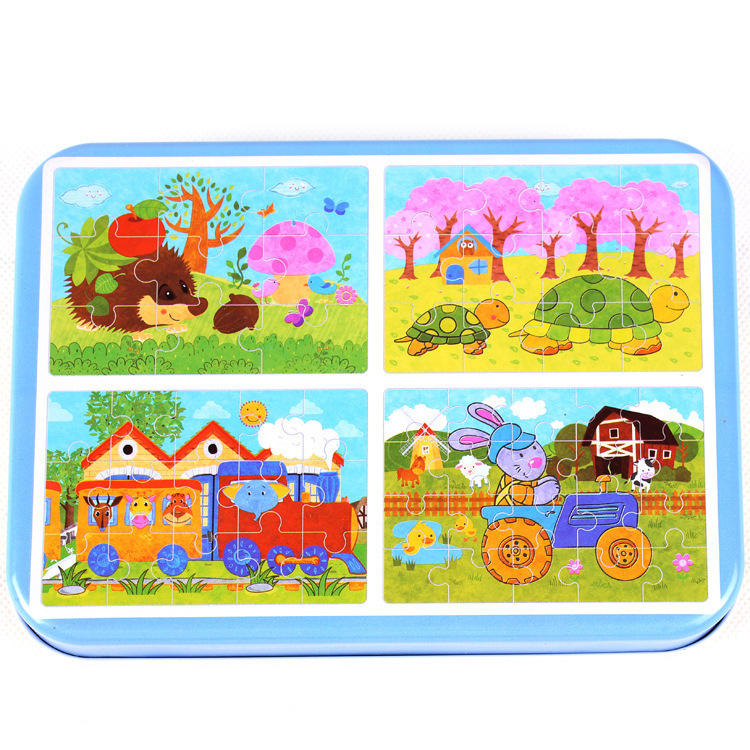4 Puzzles in one Tin Box Puzzle Set 🧩🐰🦁🐳