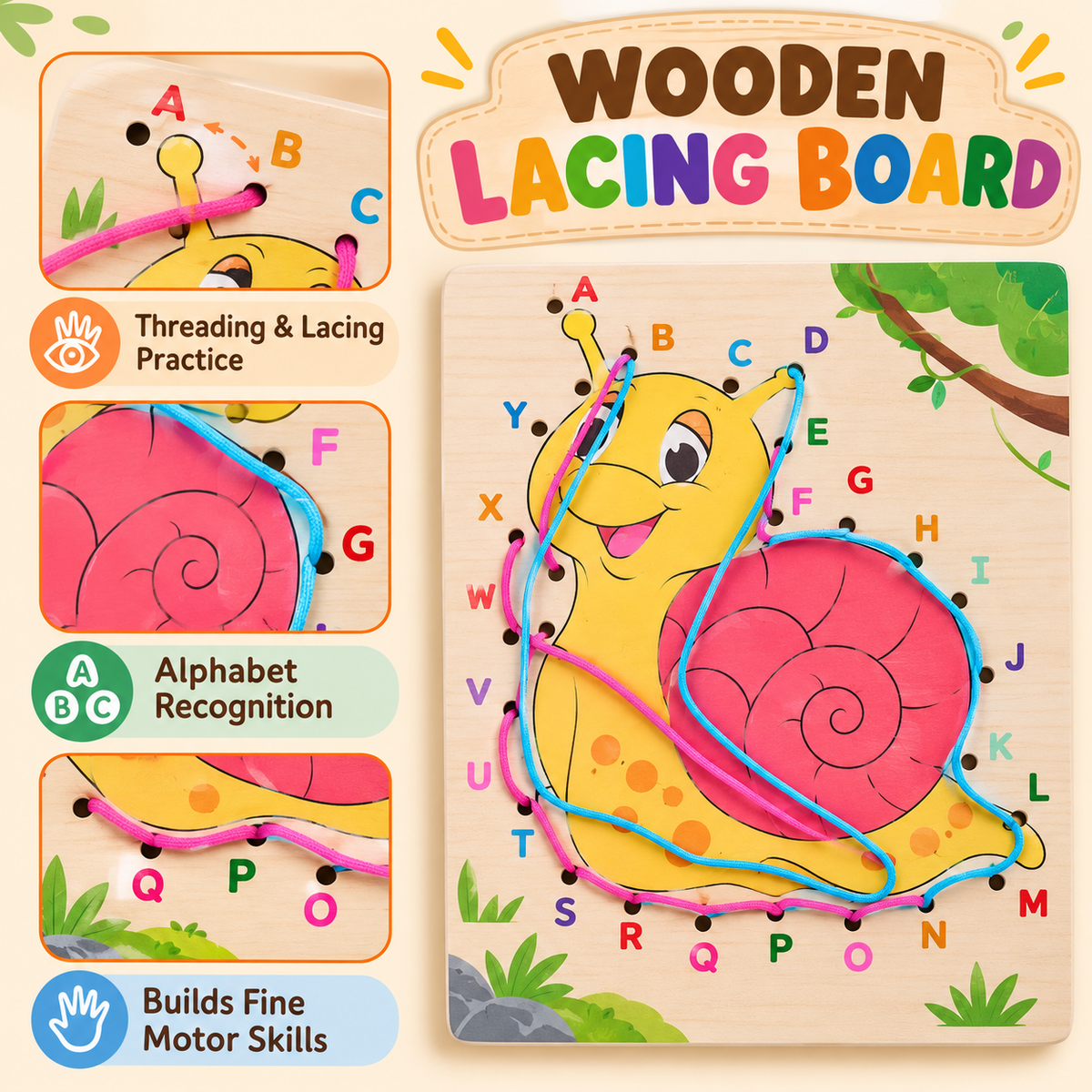 Wooden Lacing Board – Fun Learning & Threading Toy!(Random design)(1pc)