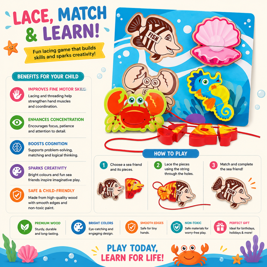 Chunky Wooden Board puzzle with lacing- sea adventure fun!