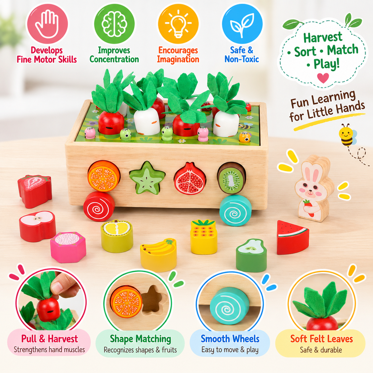 Harvest & Match Bunny Cart – 6 in 1 Learning Activity Toy