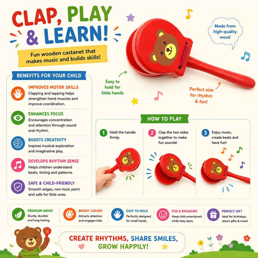 Clapper Rattle – Tap Tap Sensory Toy for Babies(Random design)