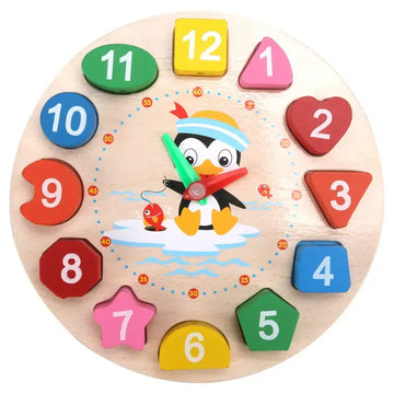 Wooden clock with multiple activity- learn shapes, numbers, colors, timing and lacing