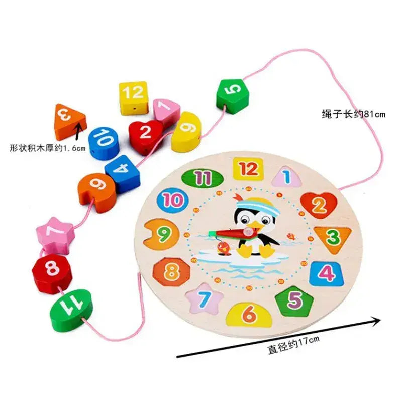 Wooden clock with multiple activity- learn shapes, numbers, colors, timing and lacing