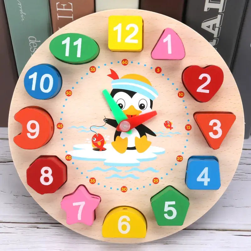 Wooden clock with multiple activity- learn shapes, numbers, colors, timing and lacing