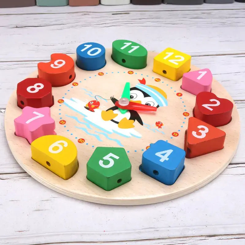 Wooden clock with multiple activity- learn shapes, numbers, colors, timing and lacing