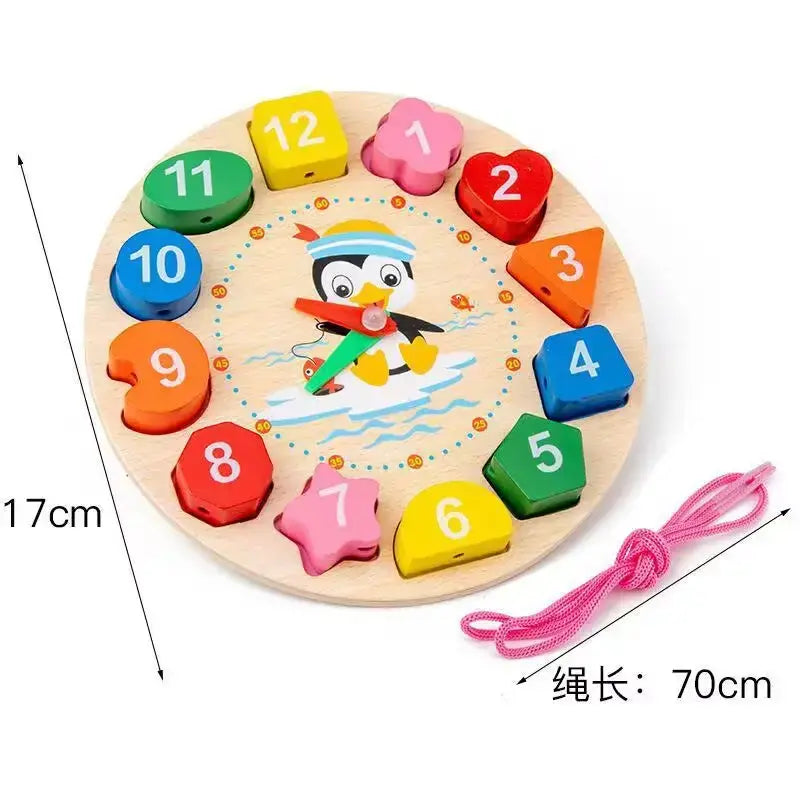 Wooden clock with multiple activity- learn shapes, numbers, colors, timing and lacing