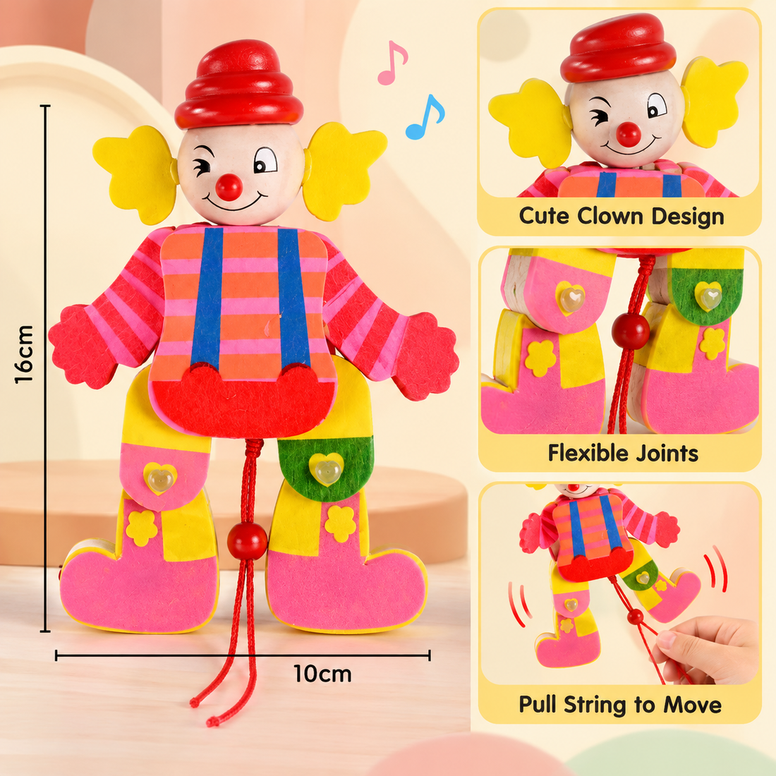 Wooden Pull-String Clown Puppet- Random design