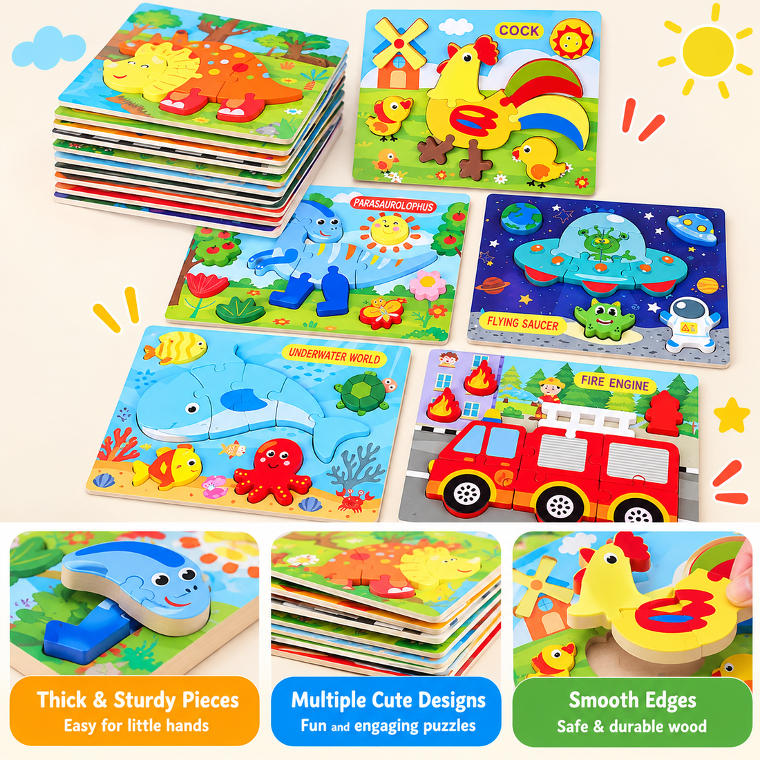 Wooden Chunky Puzzle Board Set – Multi-Theme Learning Puzzles for Kids(1pc)